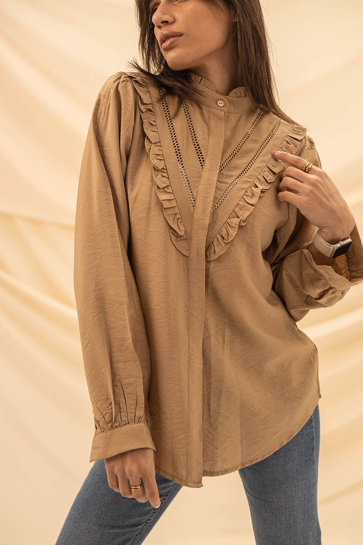 Coffe Ruffled Embroidery Shirt