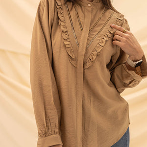 Coffe Ruffled Embroidery Shirt
