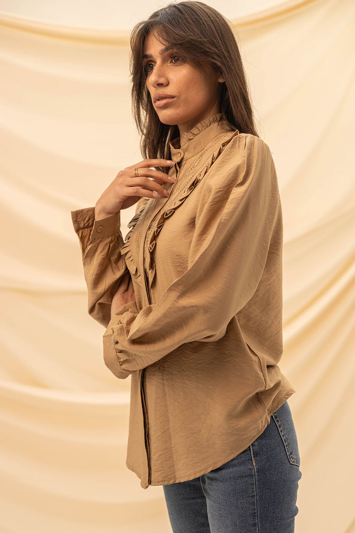 Coffe Ruffled Embroidery Shirt