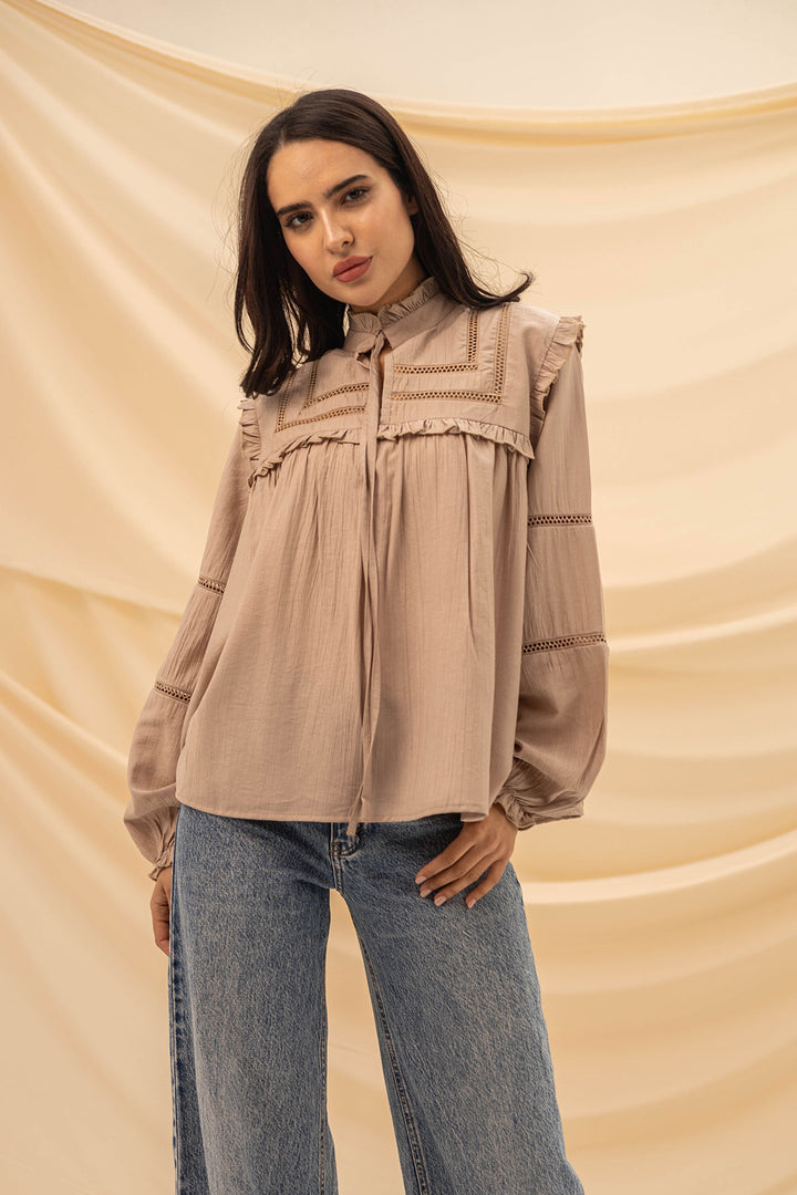 Coffe Ruffled Embroidery Blouse