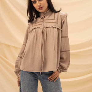 Coffe Ruffled Embroidery Blouse