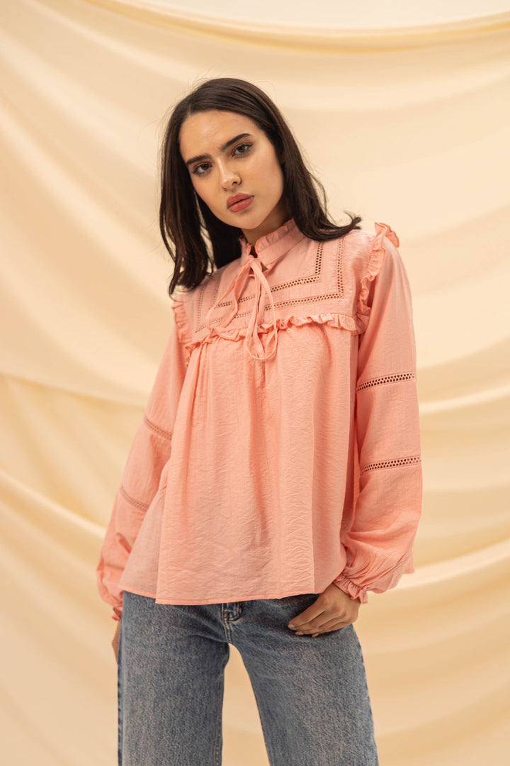 Pink Ruffled Embroidery Blouse