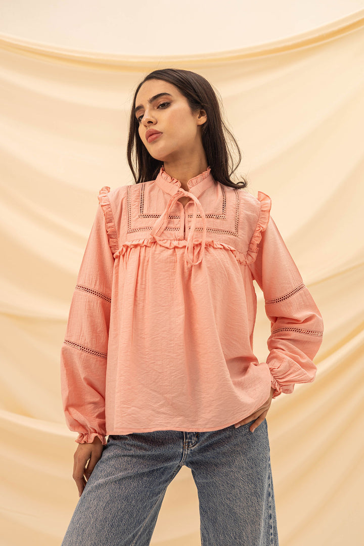 Pink Ruffled Embroidery Blouse