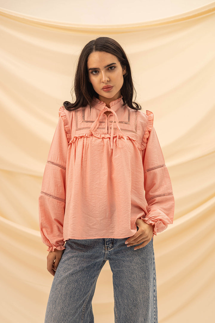 Pink Ruffled Embroidery Blouse