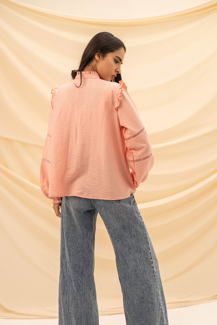 Pink Ruffled Embroidery Blouse