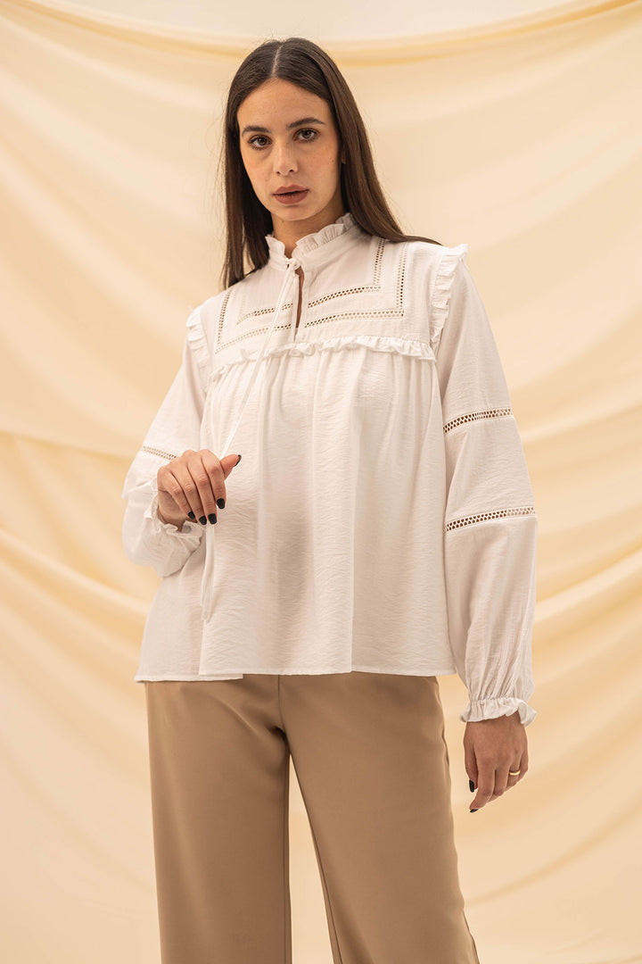 White Ruffled Embroidery Blouse