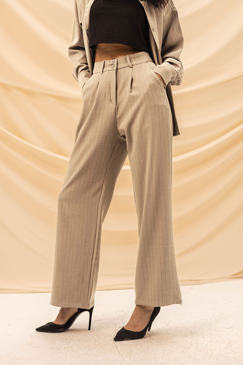 Beige Stripped Comfort Formal Pants