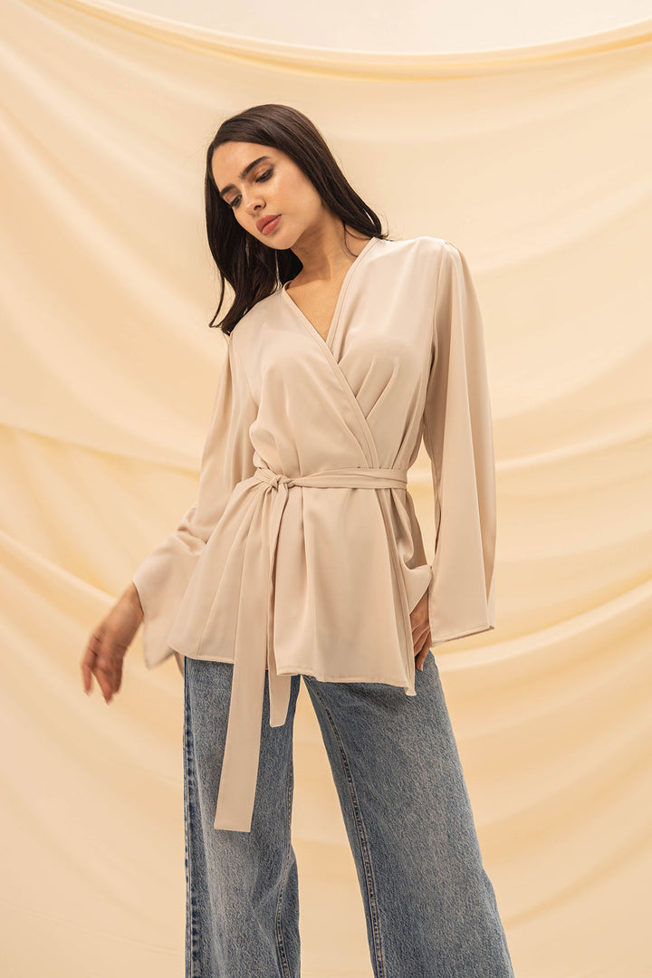 Beige Wrap Tied Stain Blouse