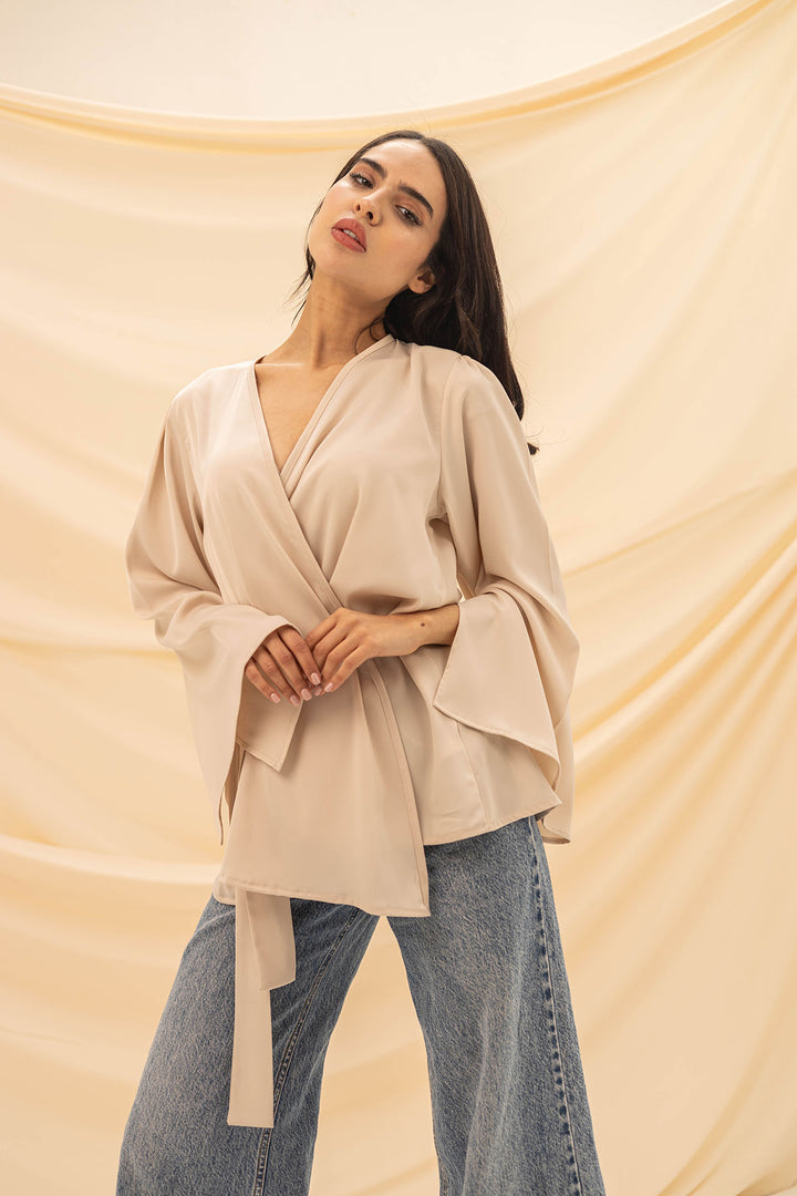 Beige Wrap Tied Stain Blouse