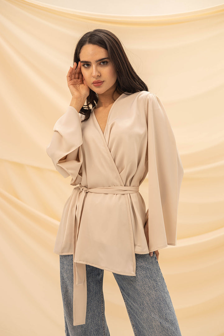 Beige Wrap Tied Stain Blouse