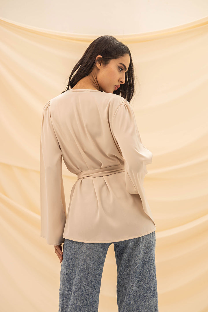 Beige Wrap Tied Stain Blouse