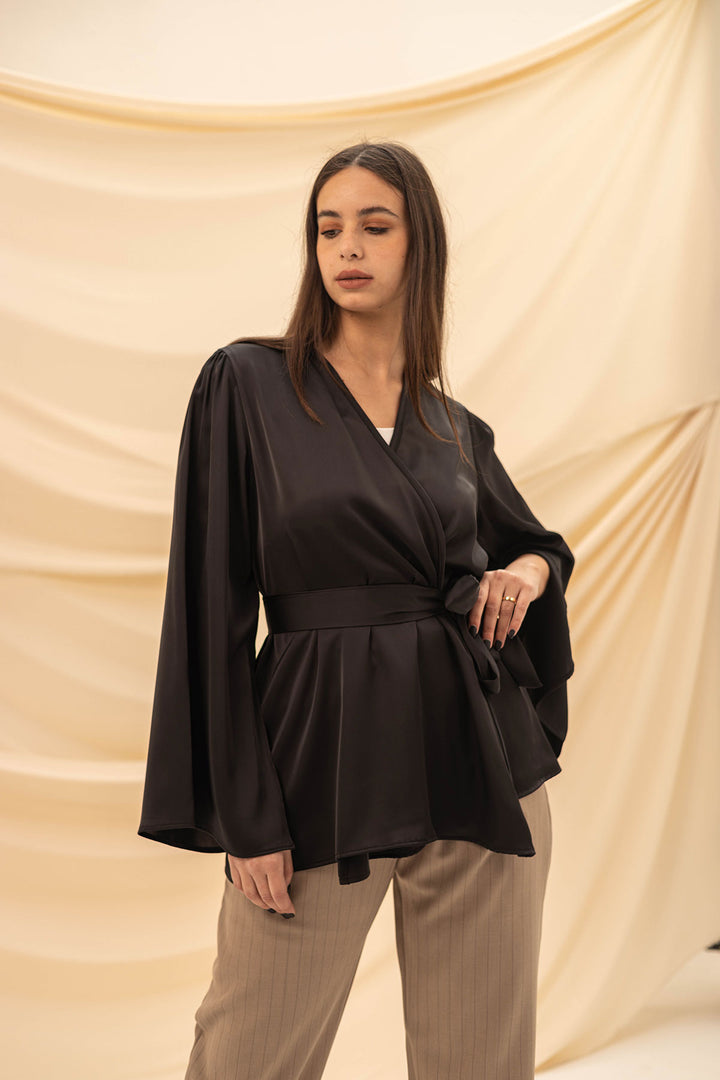 Black Wrap Tied Stain Blouse