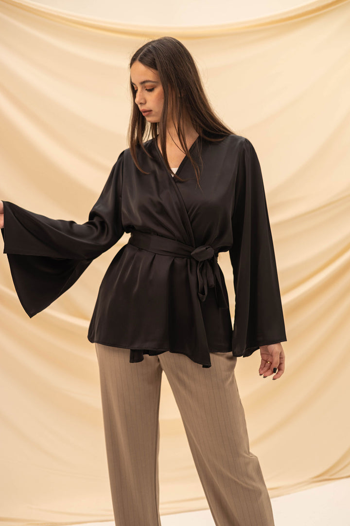 Black Wrap Tied Stain Blouse