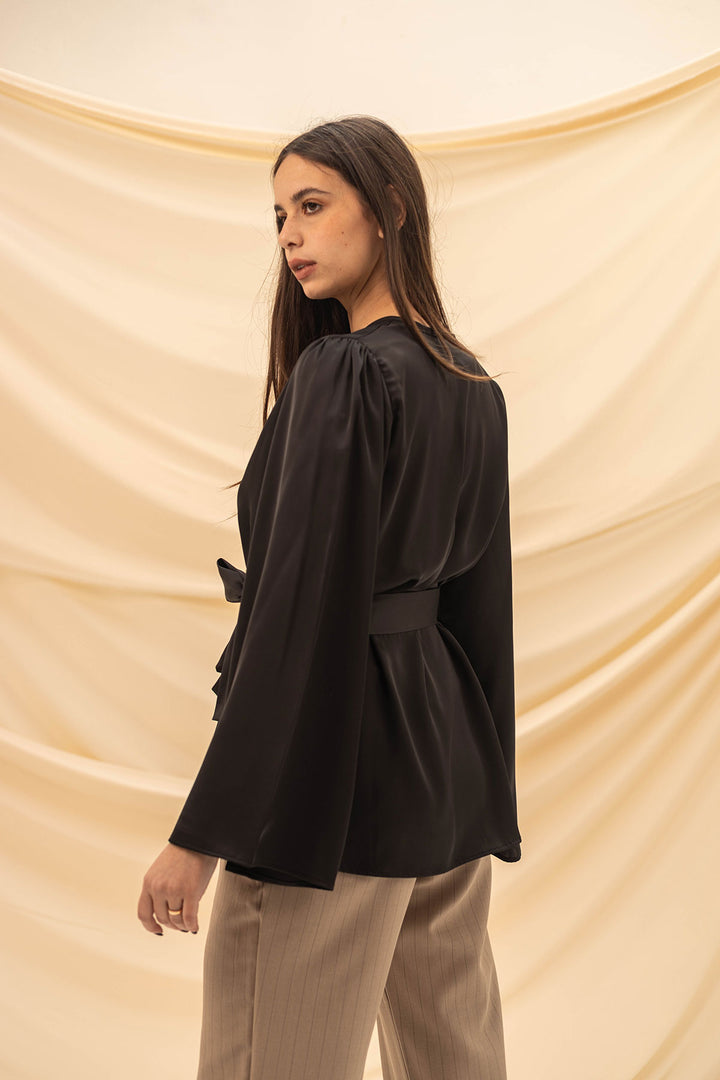 Black Wrap Tied Stain Blouse