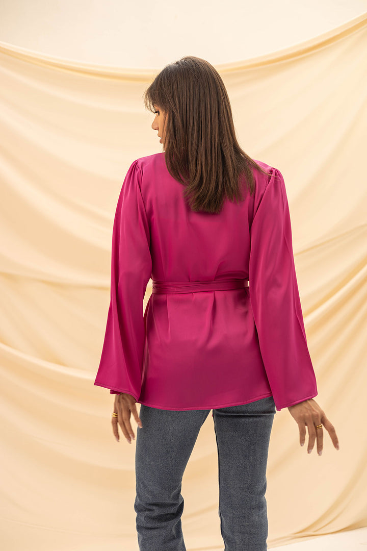 Purple Wrap Tied Stain Blouse