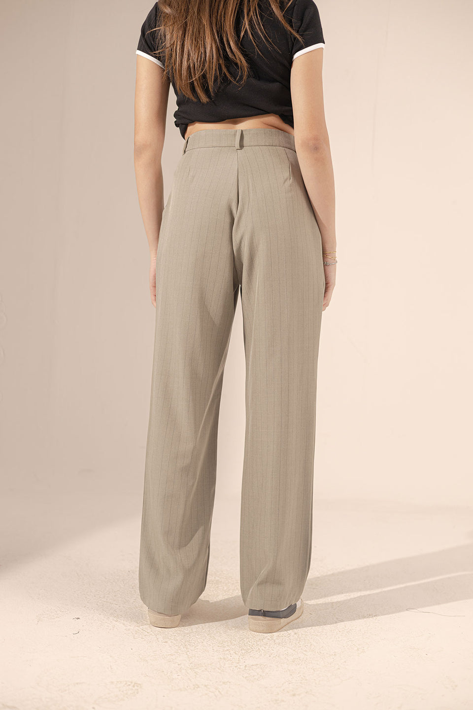 Beige Wide Leg Striped Pants