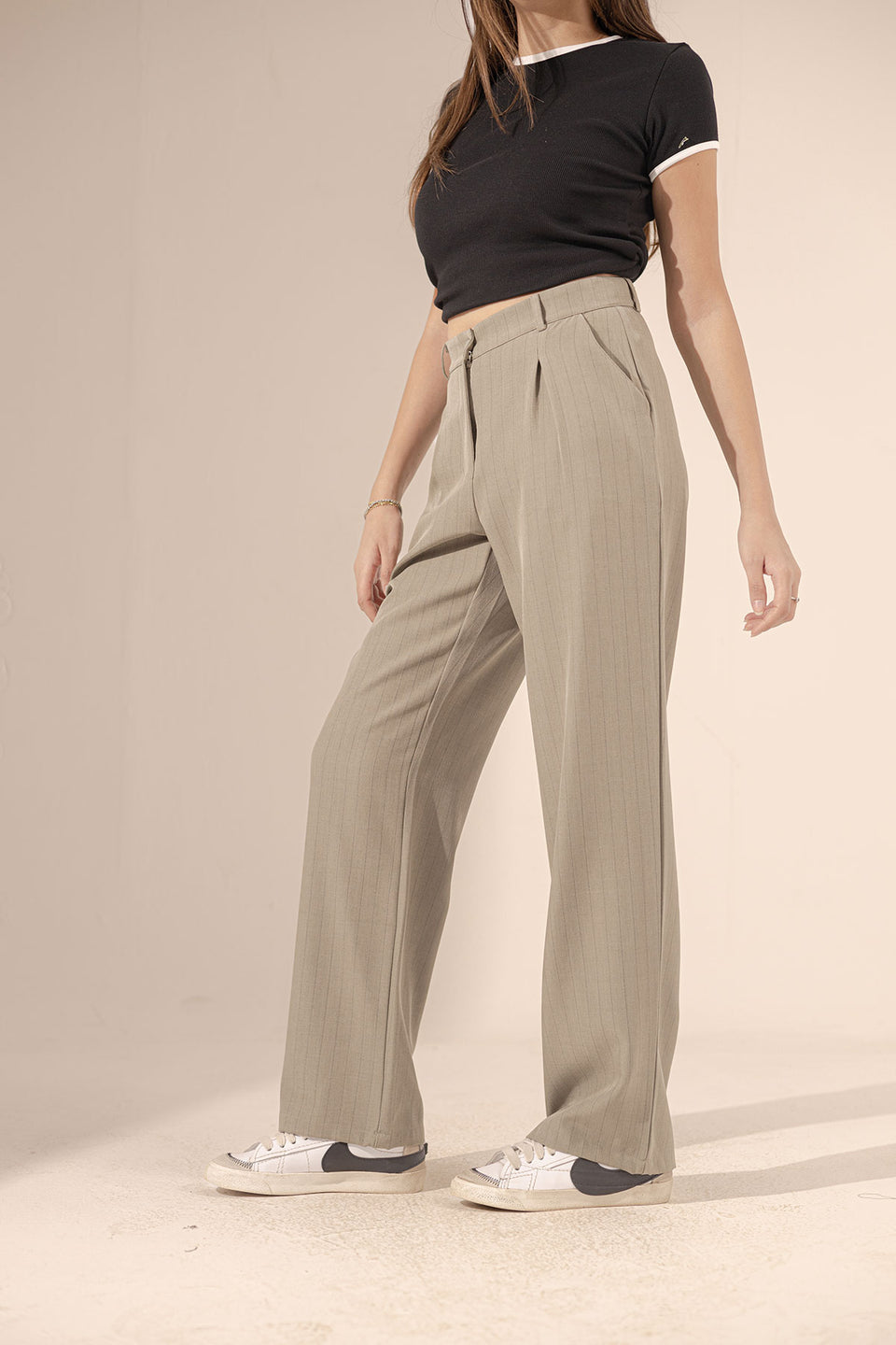 Beige Wide Leg Striped Pants