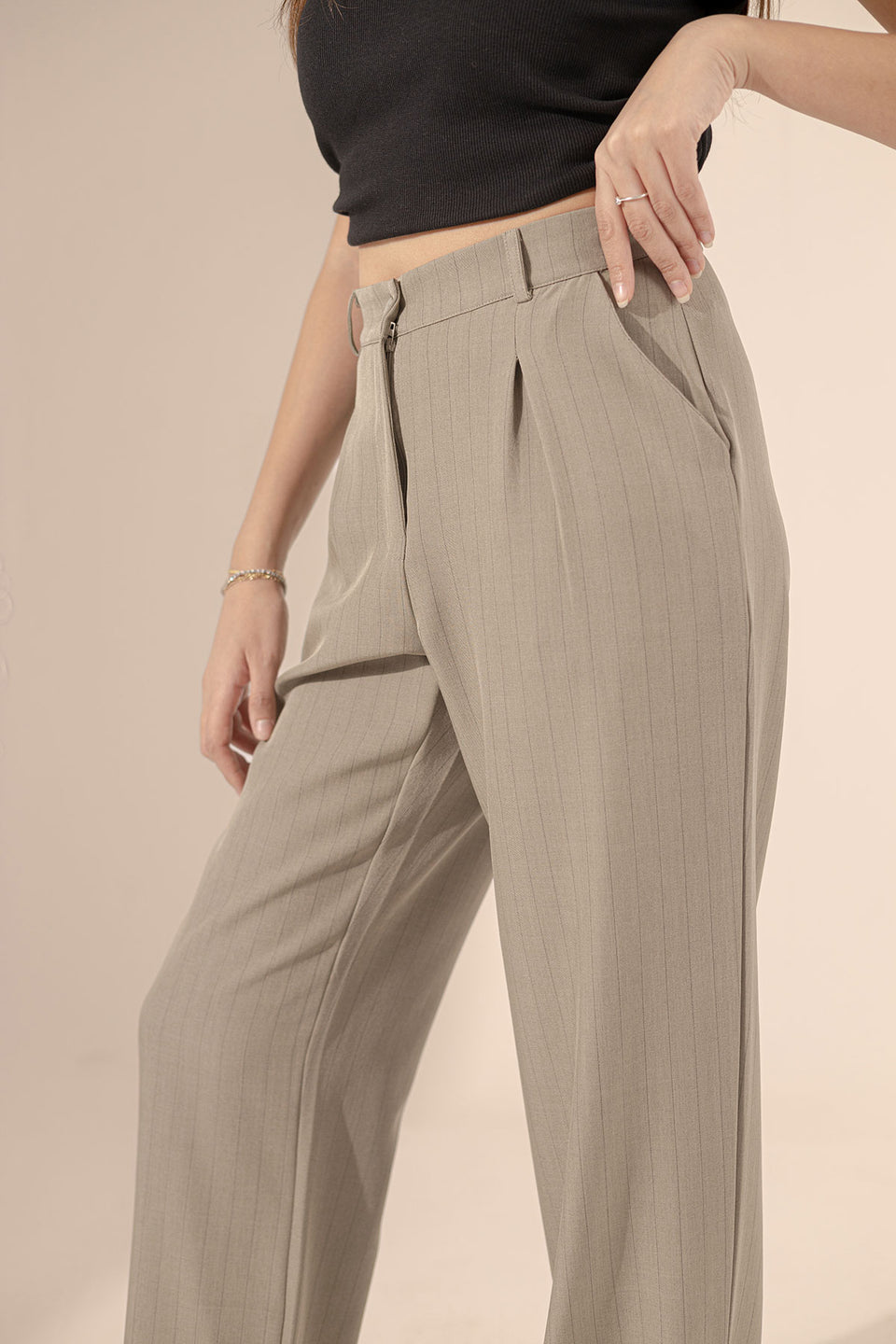 Beige Wide Leg Striped Pants