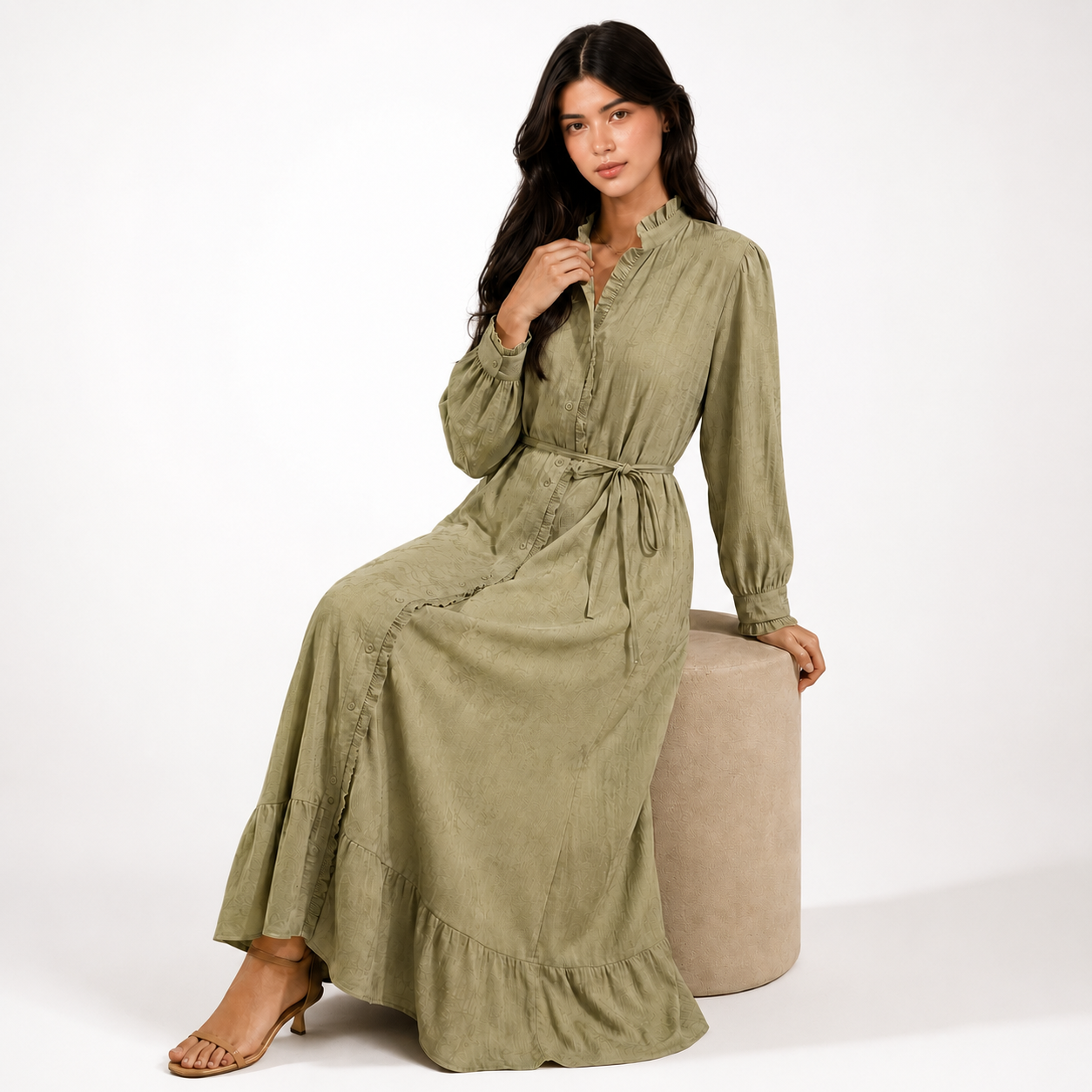 Maxi Dress with Waist Tie and Ruffle Details