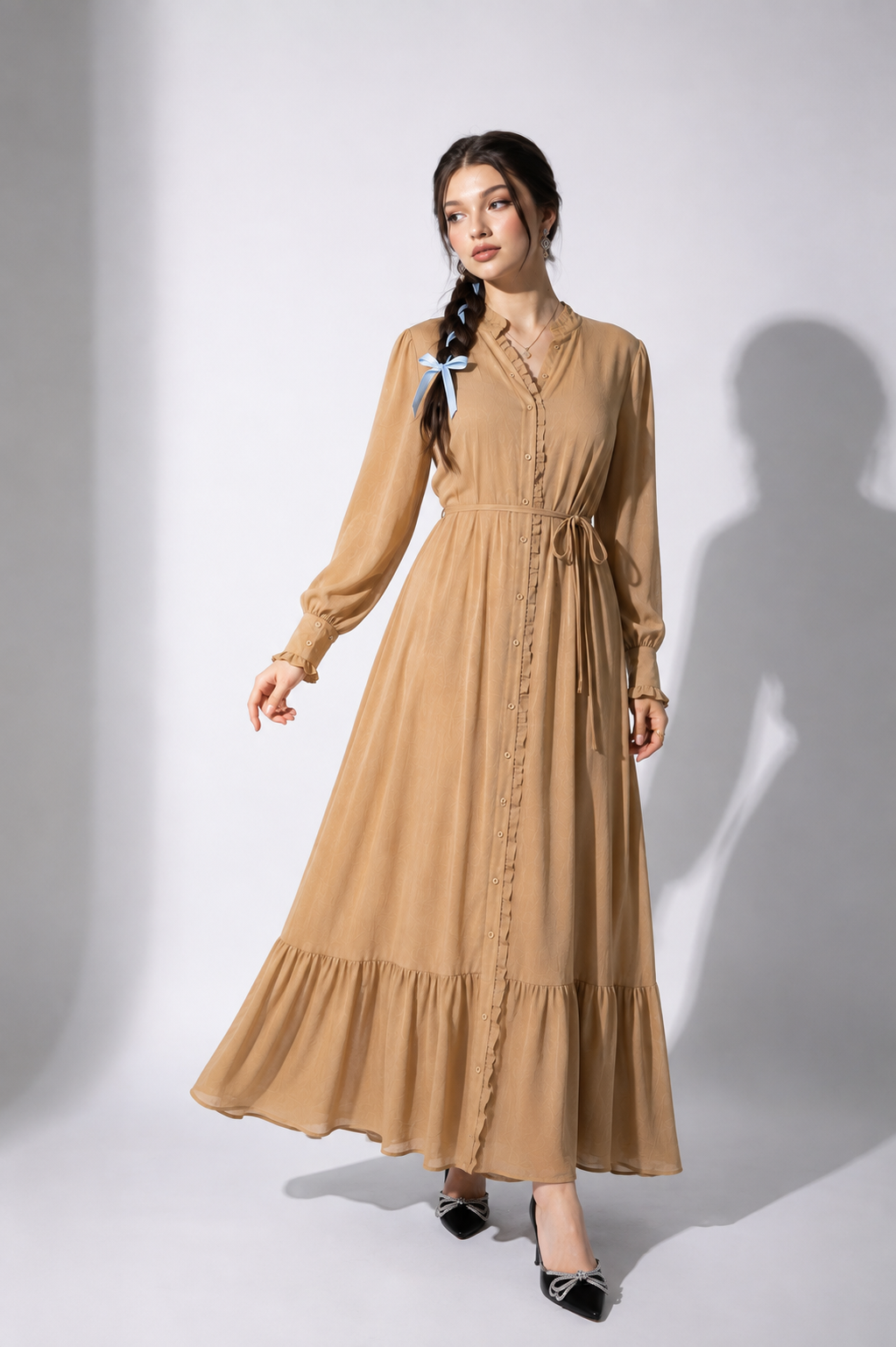 Coffee Ruffle Maxi Dress