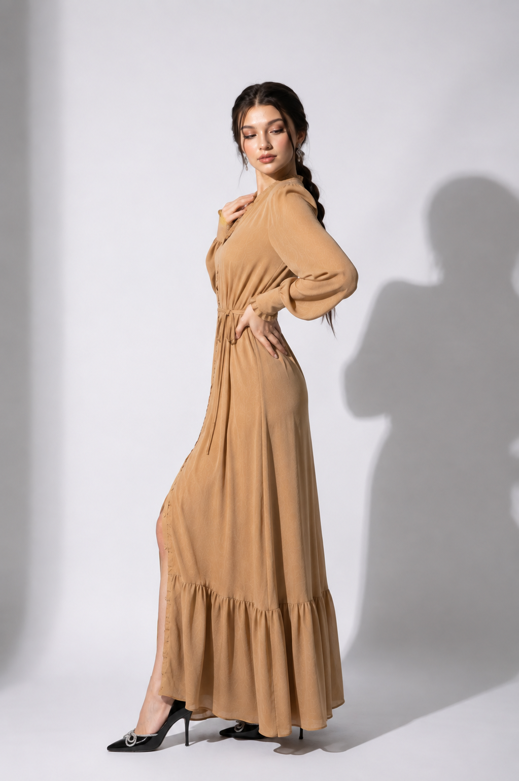 Coffee Ruffle Maxi Dress