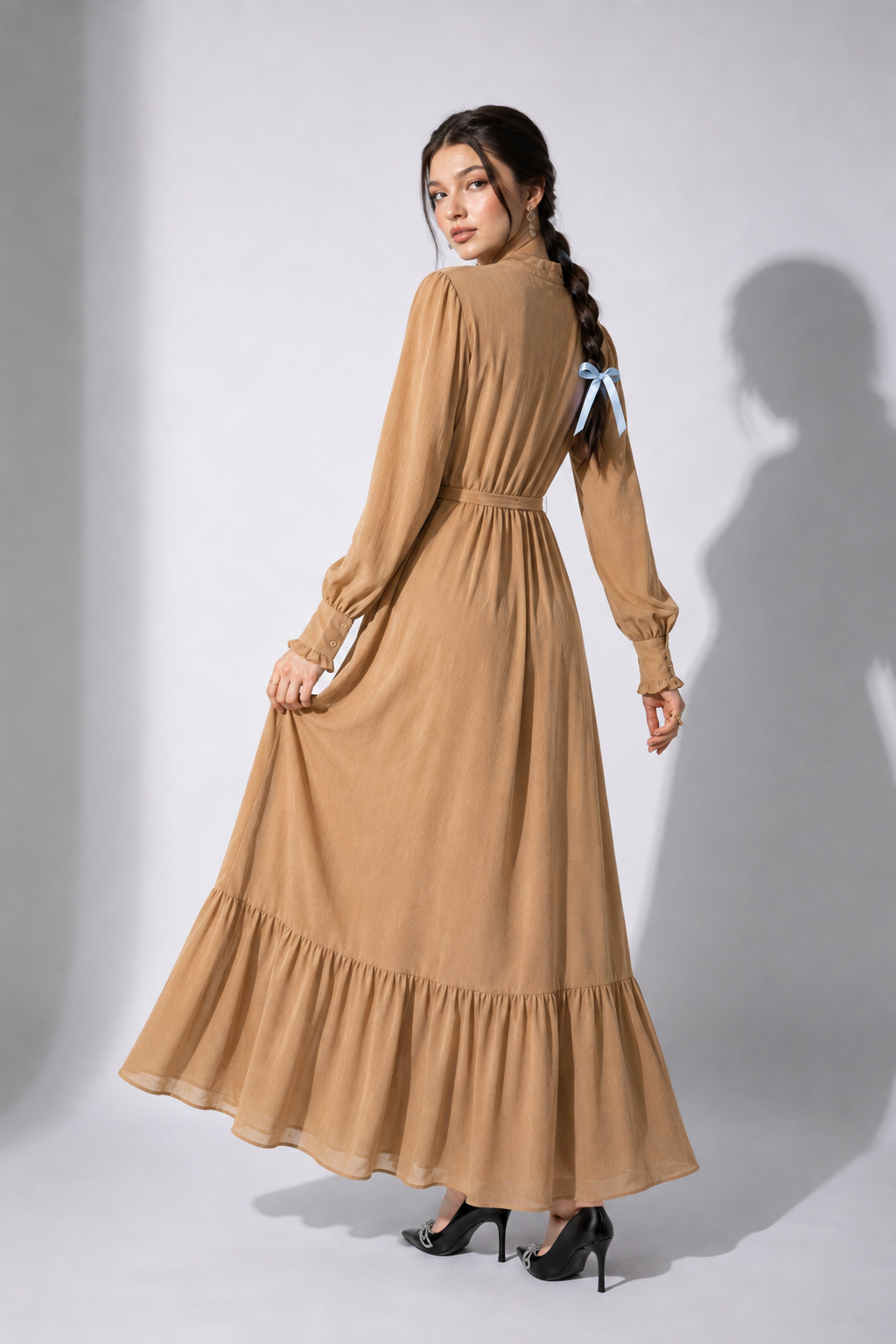 Coffee Ruffle Maxi Dress