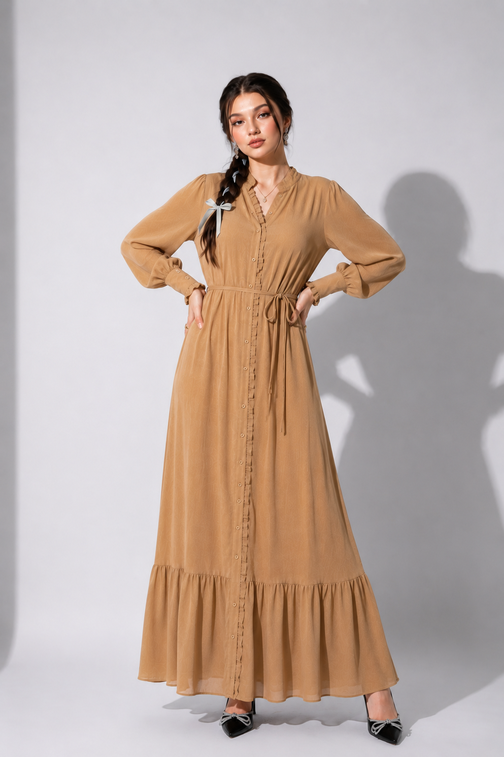 Coffee Ruffle Maxi Dress