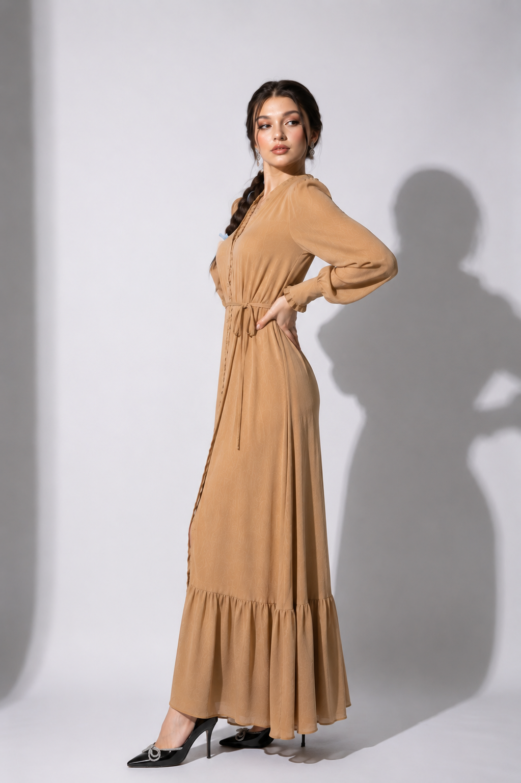 Coffee Ruffle Maxi Dress