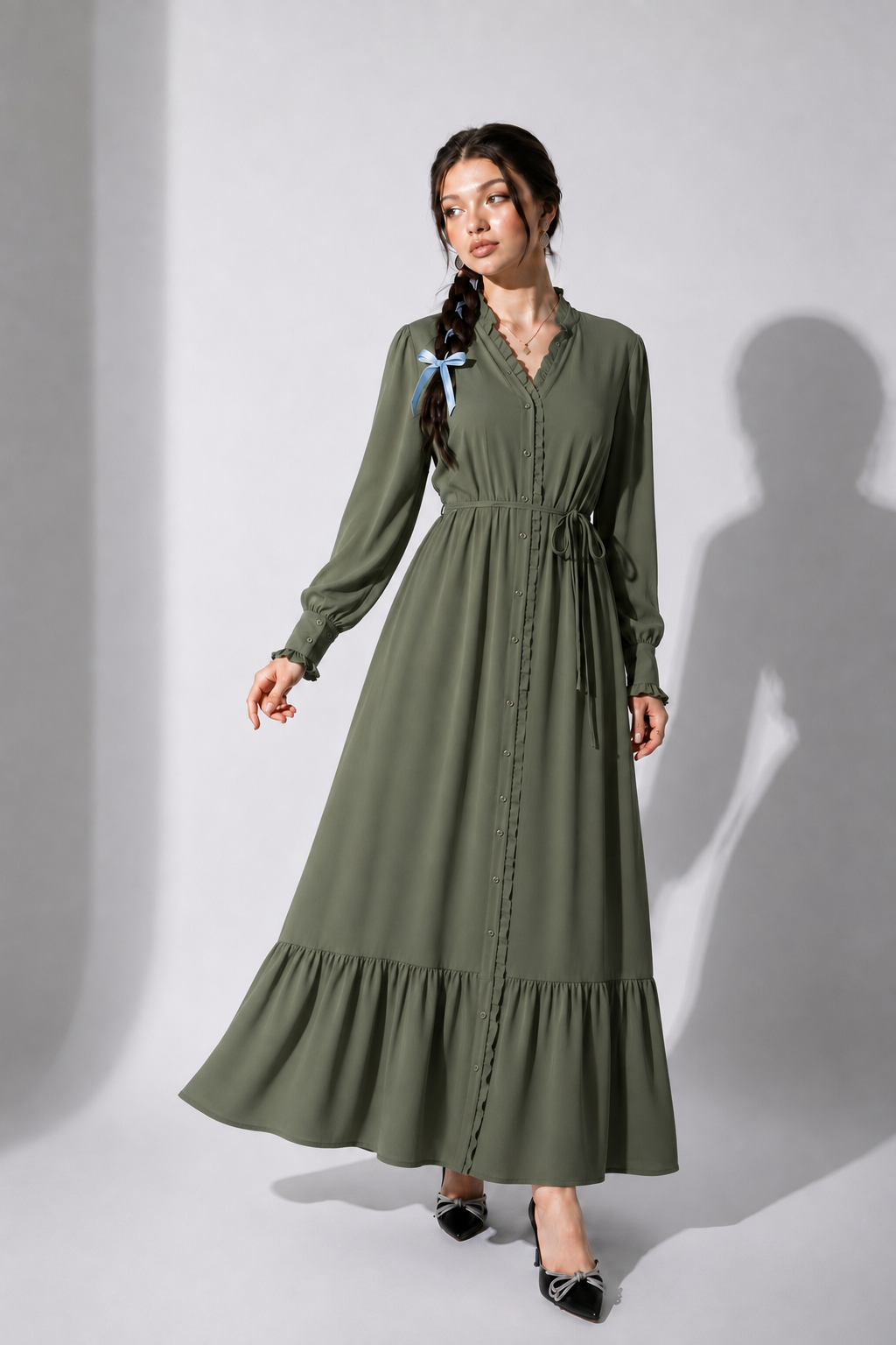 Olive Ruffle Maxi Dress