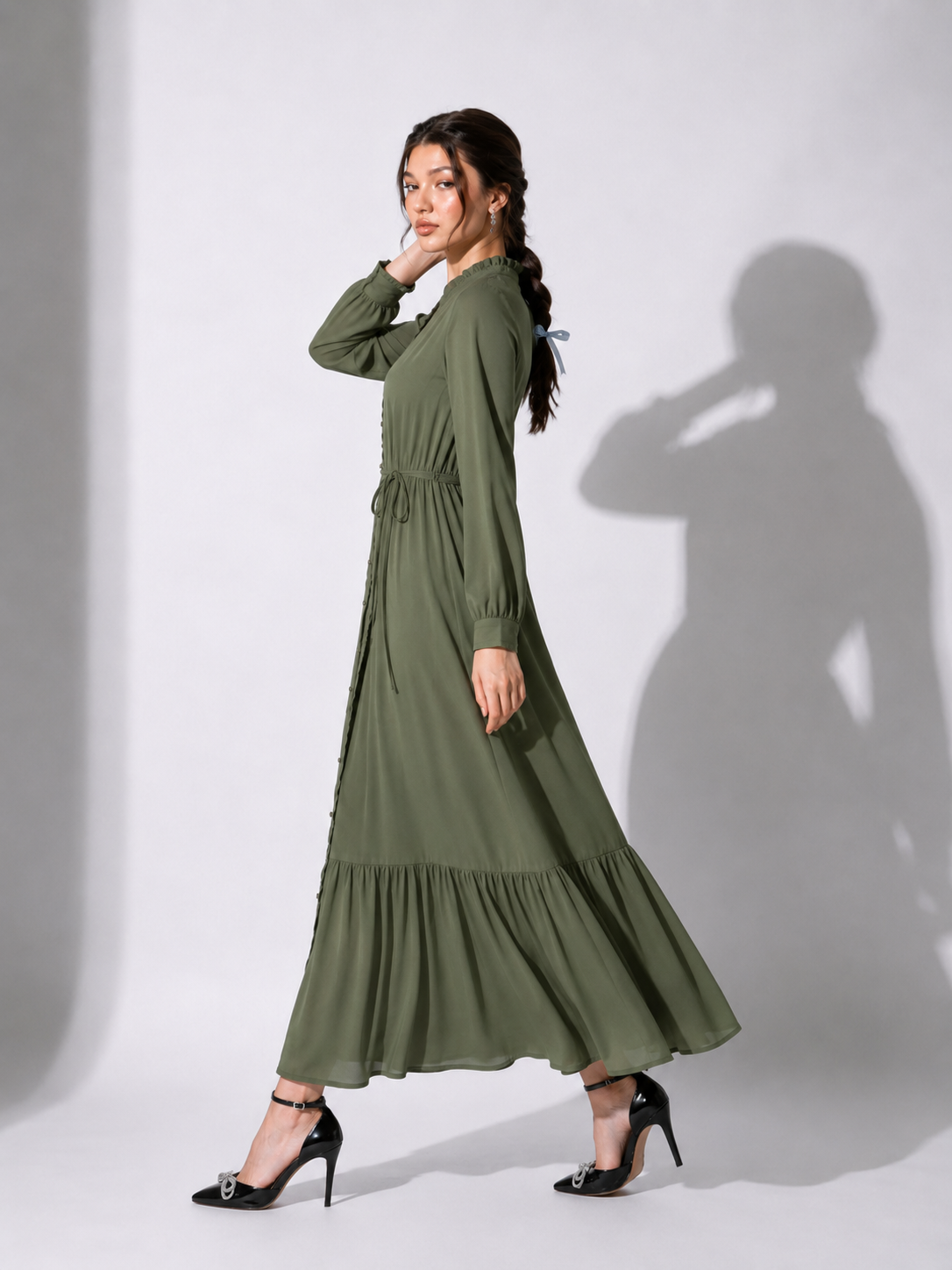Olive Ruffle Maxi Dress