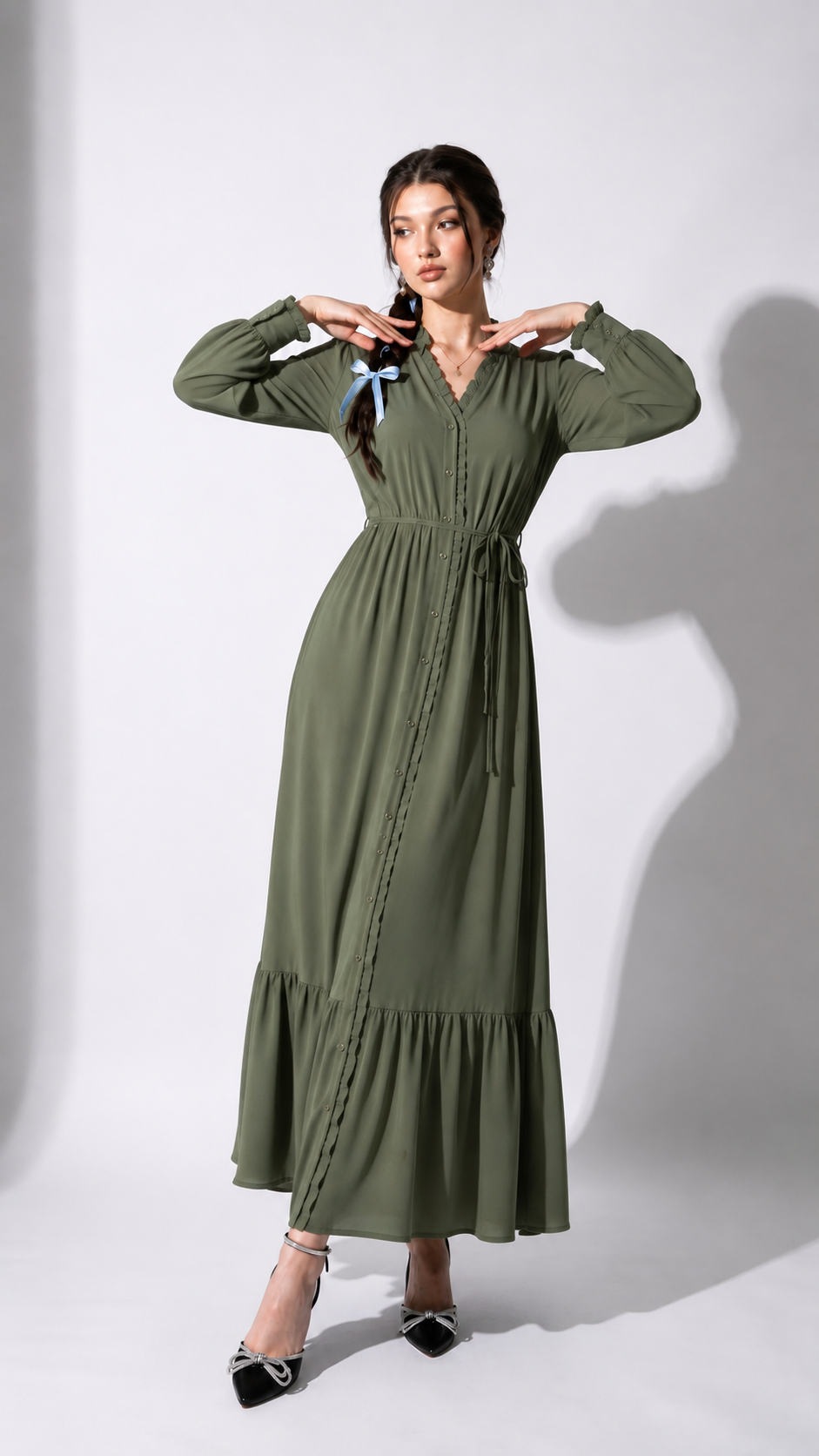 Olive Ruffle Maxi Dress