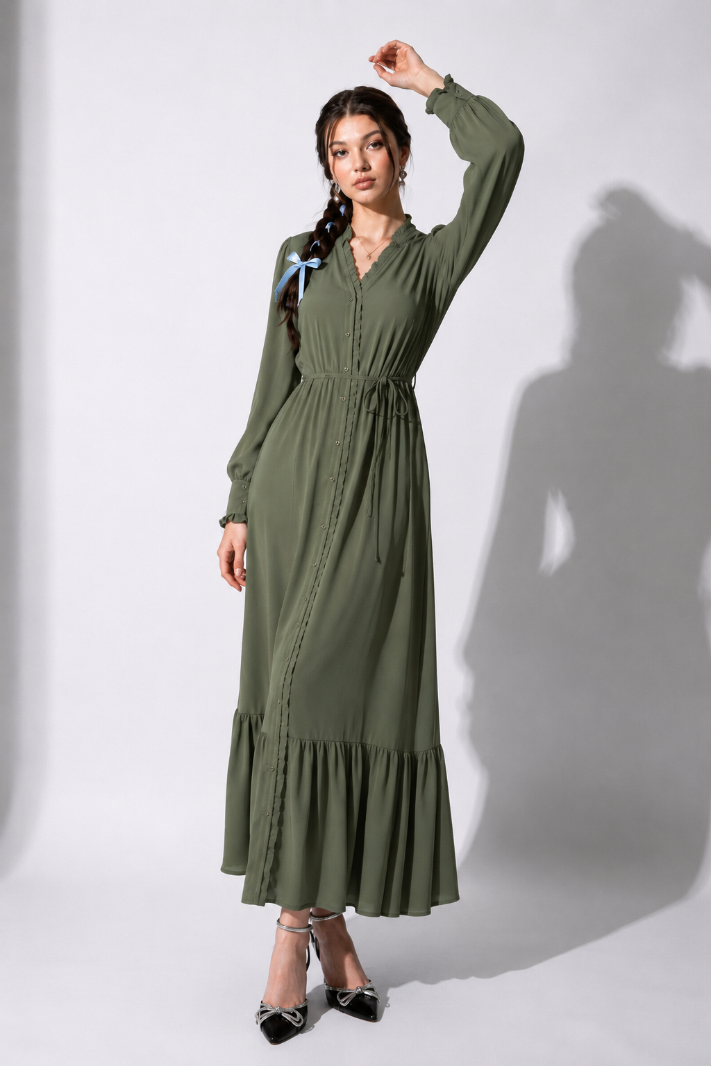 Olive Ruffle Maxi Dress