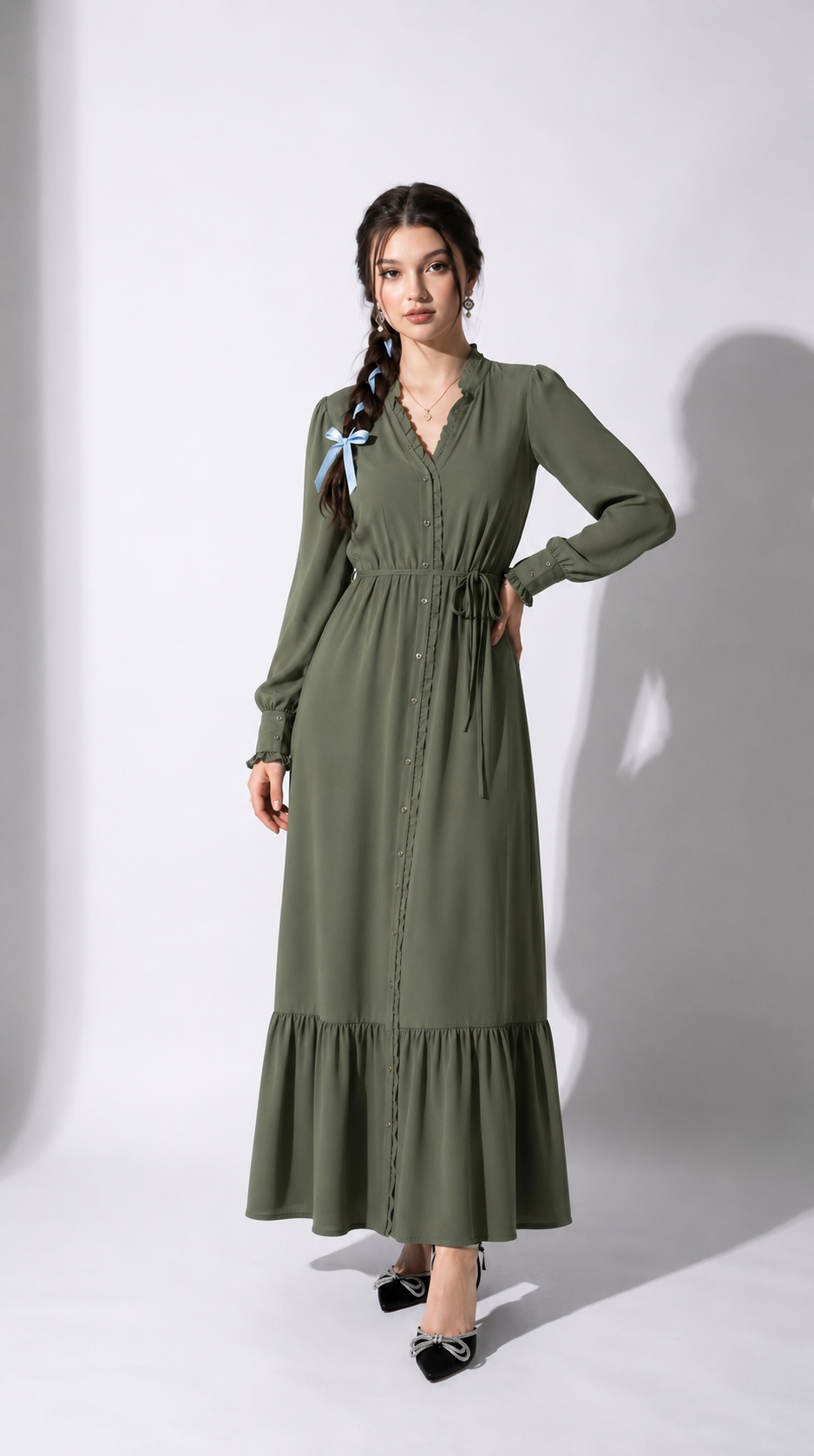 Olive Ruffle Maxi Dress