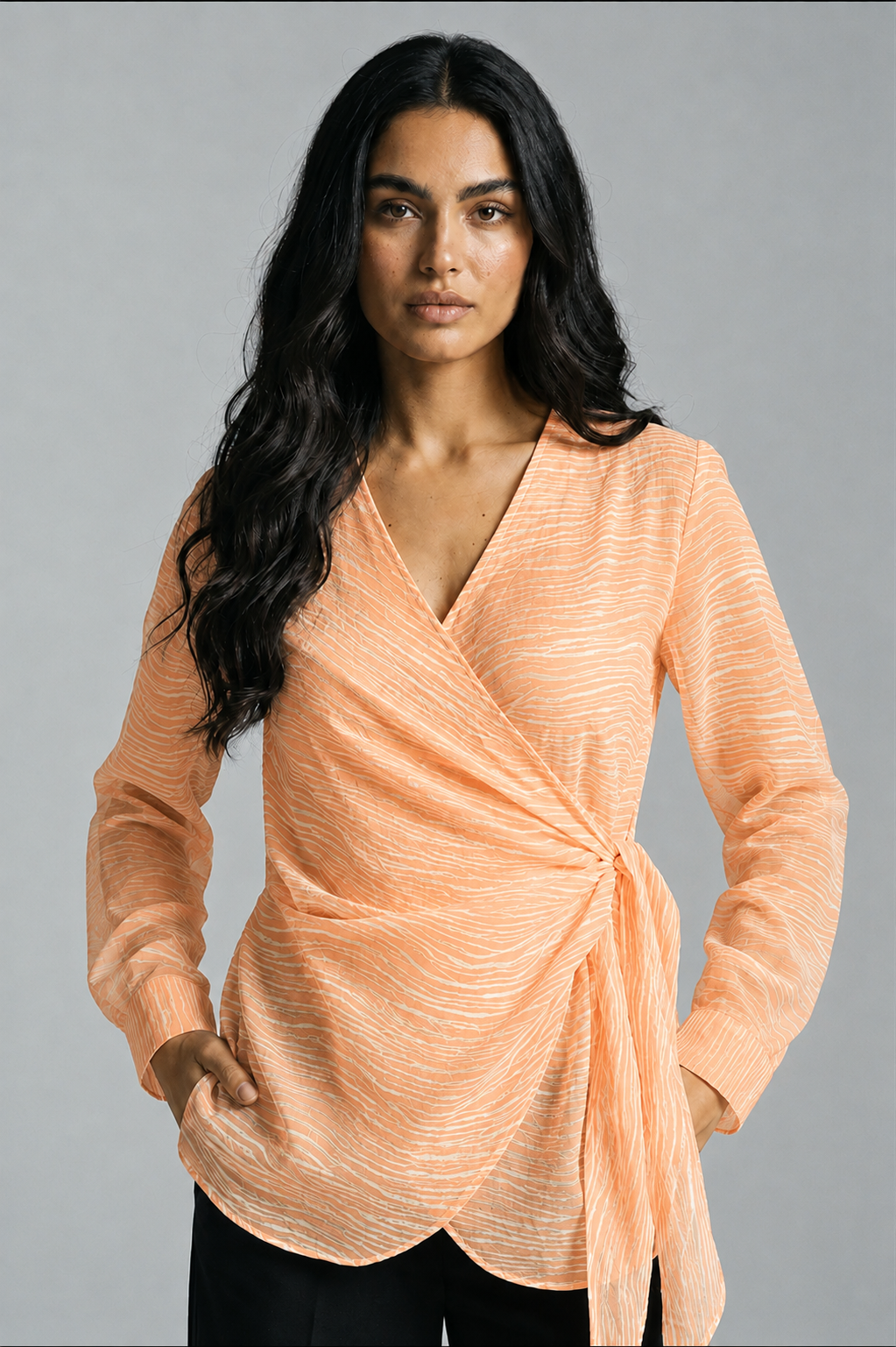 Orange Striped Wrap Blouse
