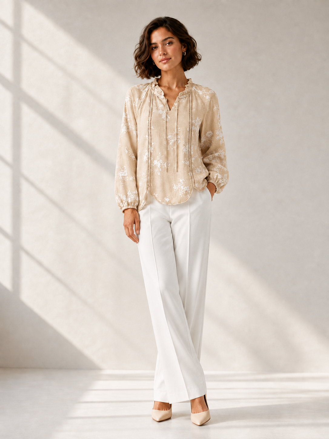 Beige Blush Floral Ruffle Blouse