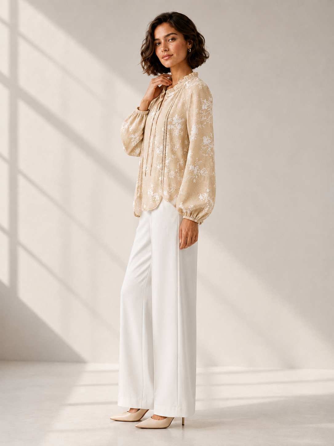 Beige Blush Floral Ruffle Blouse