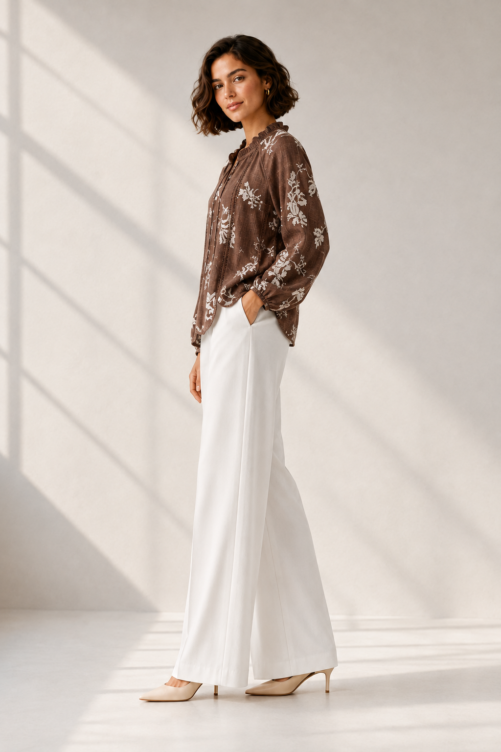 Brown Blush Floral Ruffle Blouse