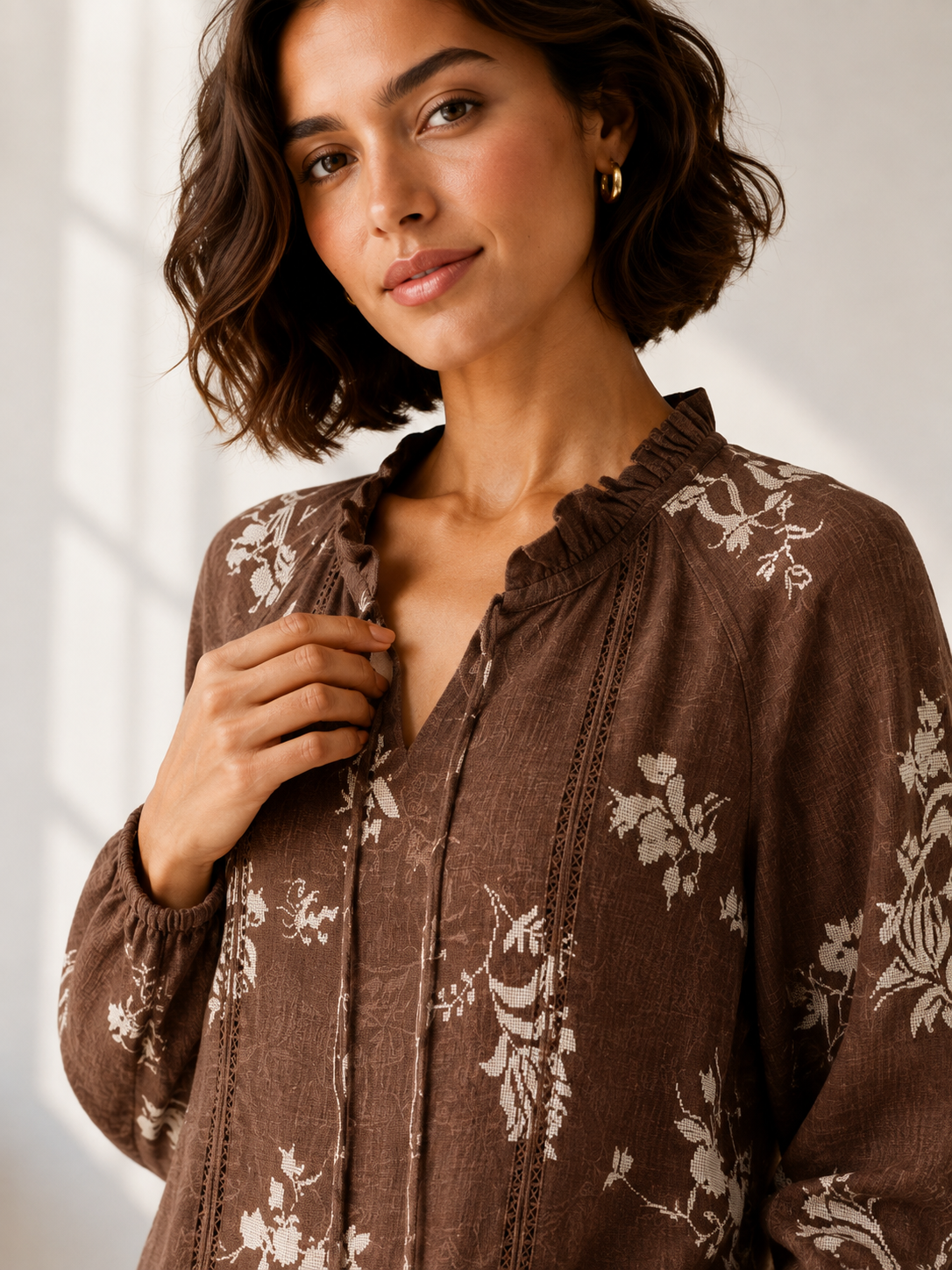 Brown Blush Floral Ruffle Blouse