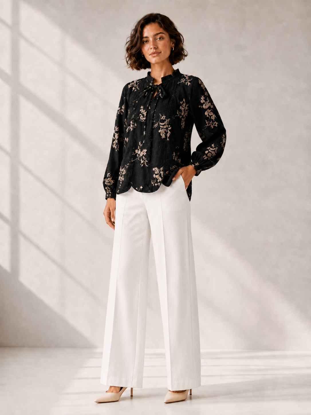 Black Blush Floral Ruffle Blouse