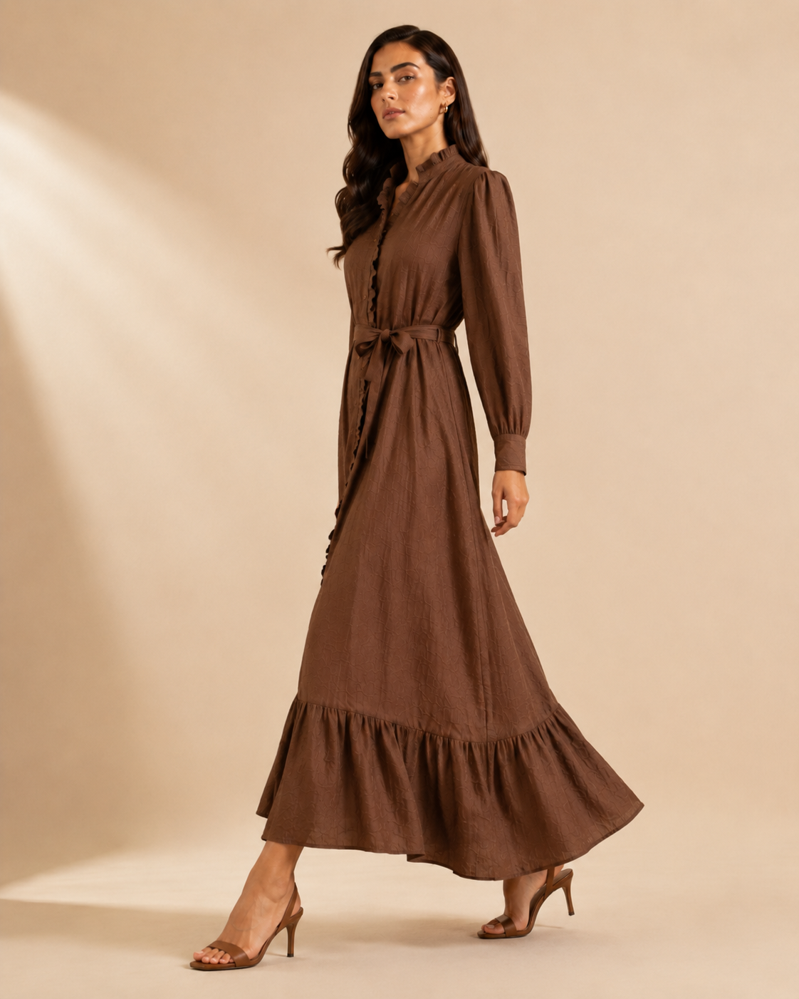 Brown Maxi Dress with Ruffle Details