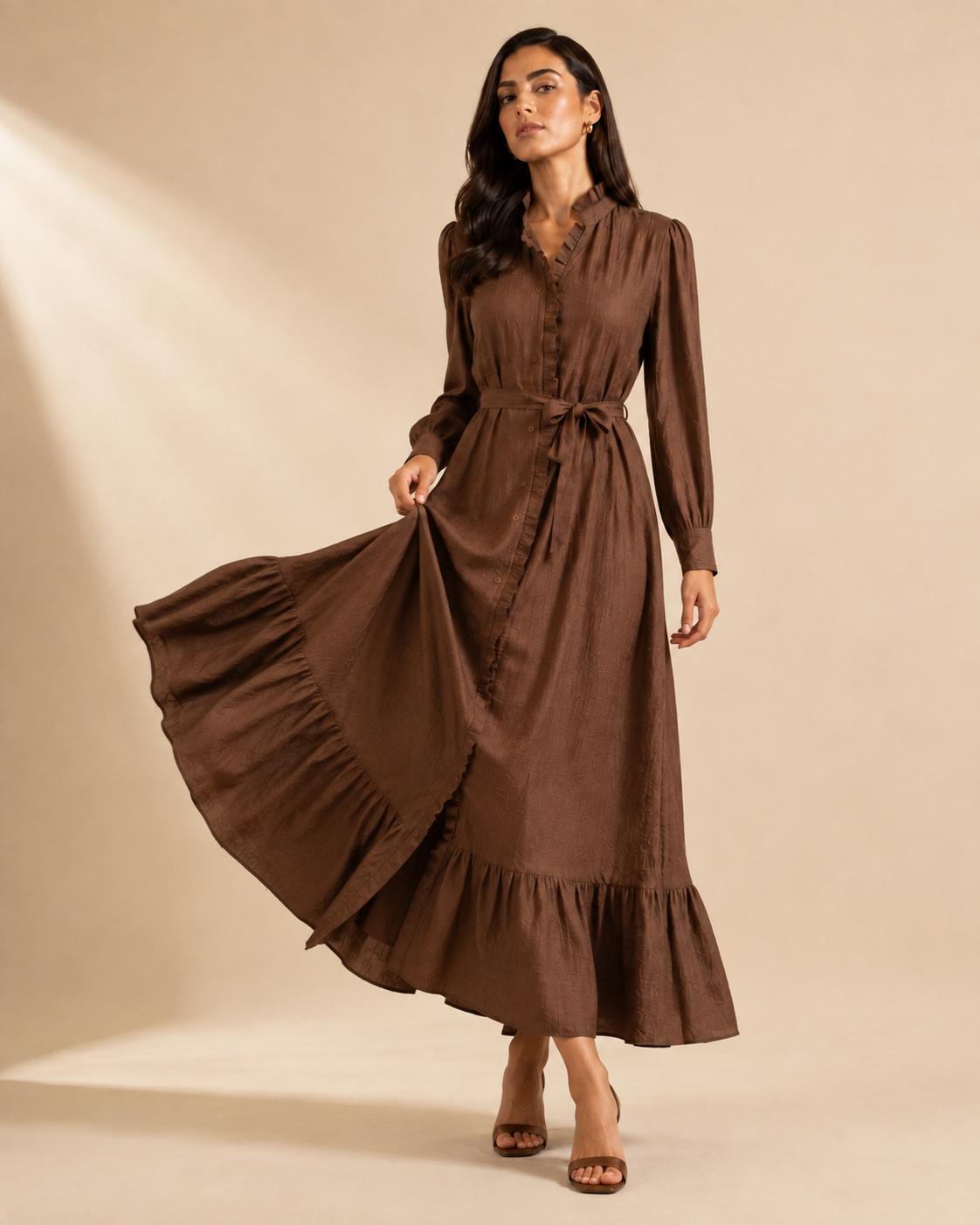 Brown Maxi Dress with Ruffle Details