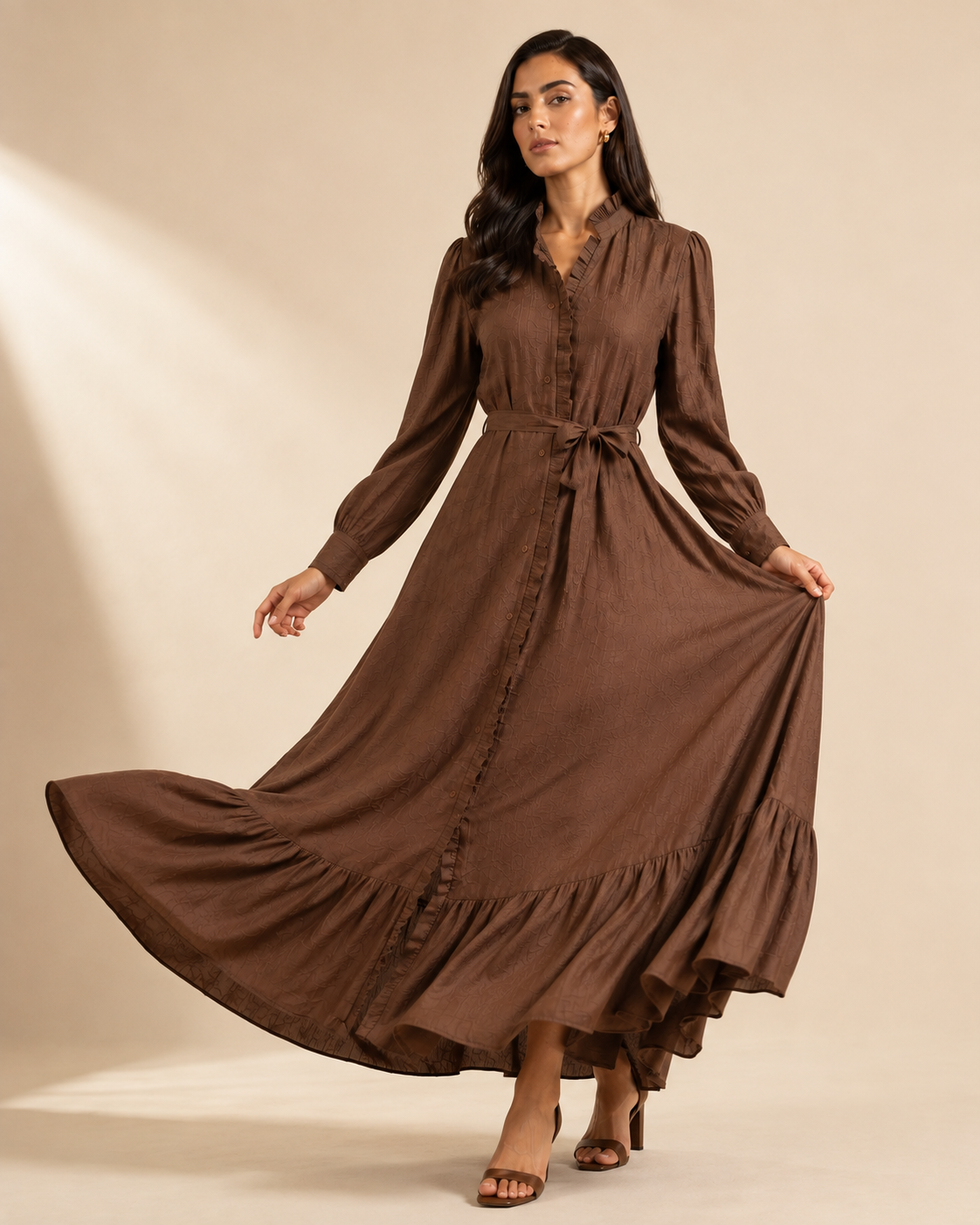 Brown Maxi Dress with Ruffle Details