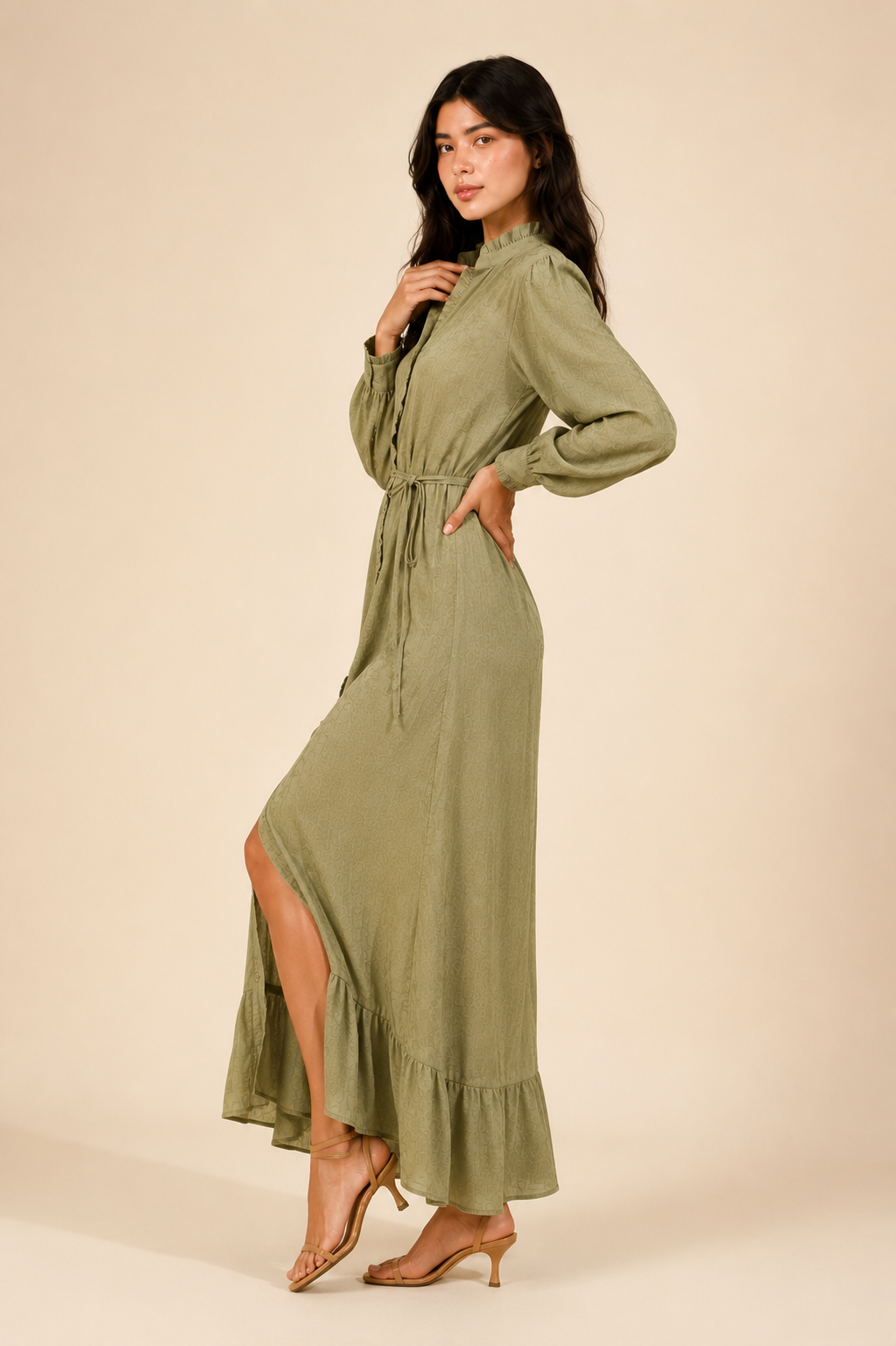 Olive Maxi Dress with Ruffle Details