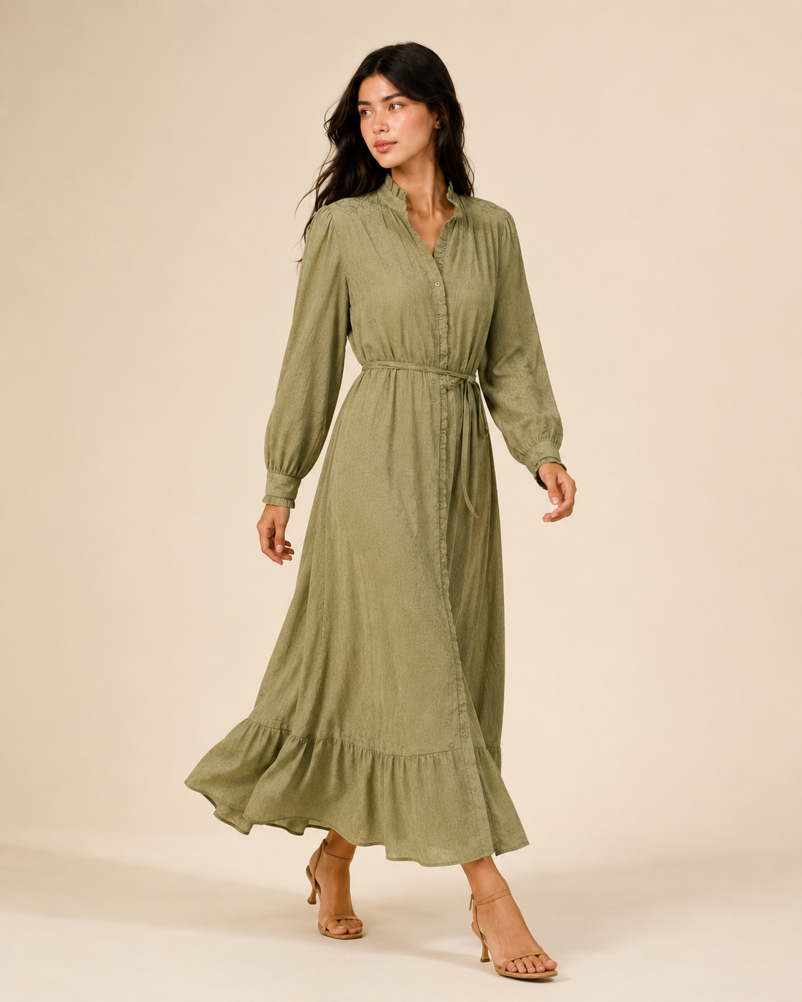 Olive Maxi Dress with Ruffle Details