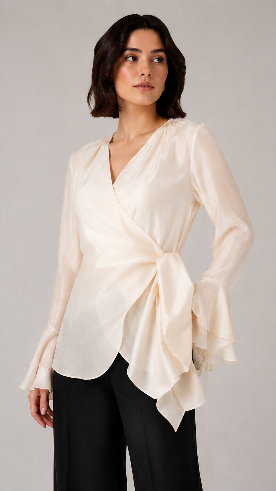 Beige Organza Wrap Blouse