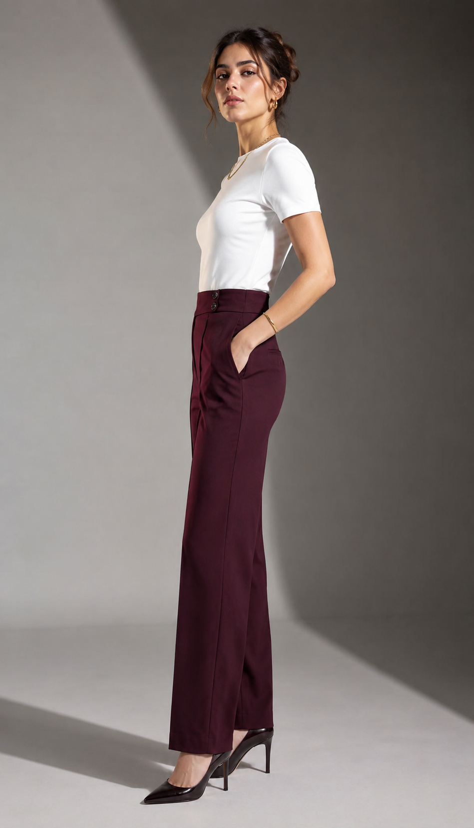 Burgundy Tailored Wide-Leg Pants