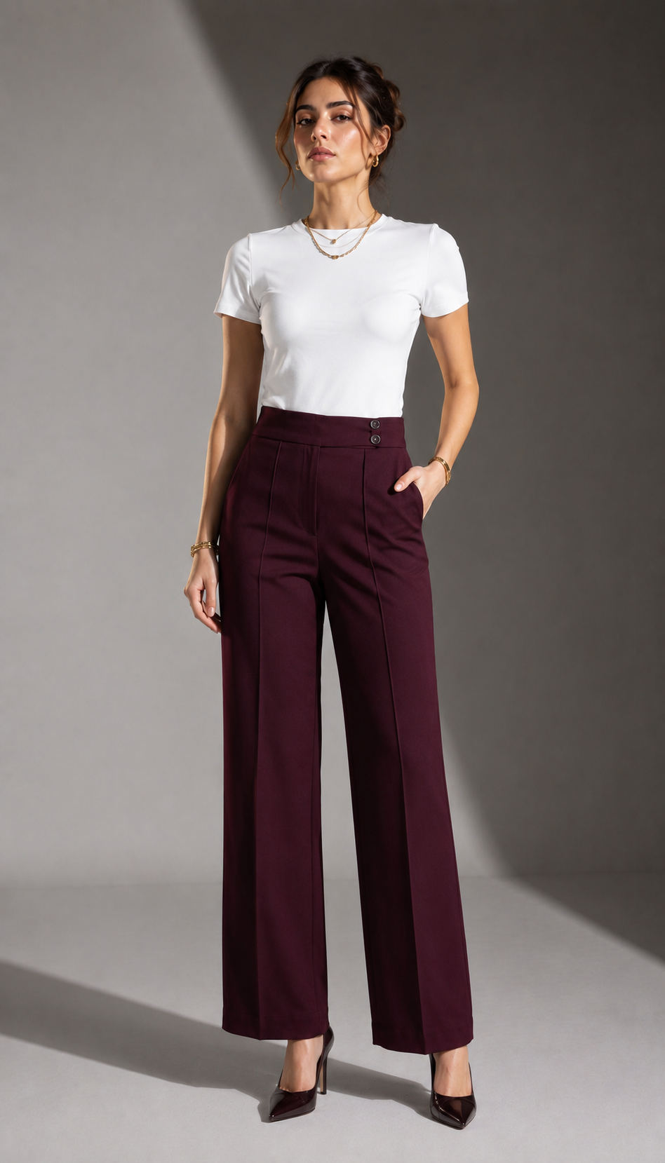 Burgundy Tailored Wide-Leg Pants