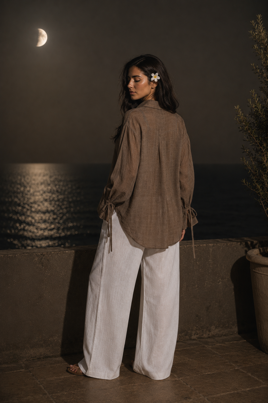 Brown Textured Tie-Cuff Button-Up Blouse