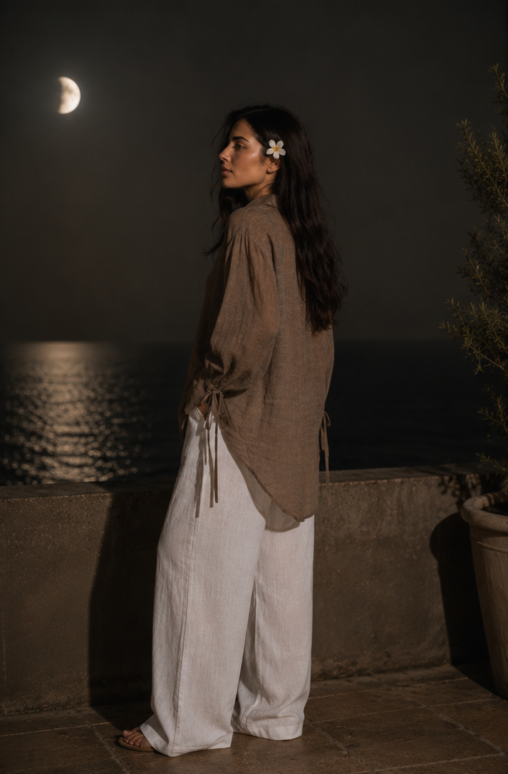 Brown Textured Tie-Cuff Button-Up Blouse
