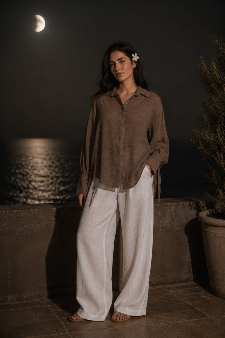 Brown Textured Tie-Cuff Button-Up Blouse